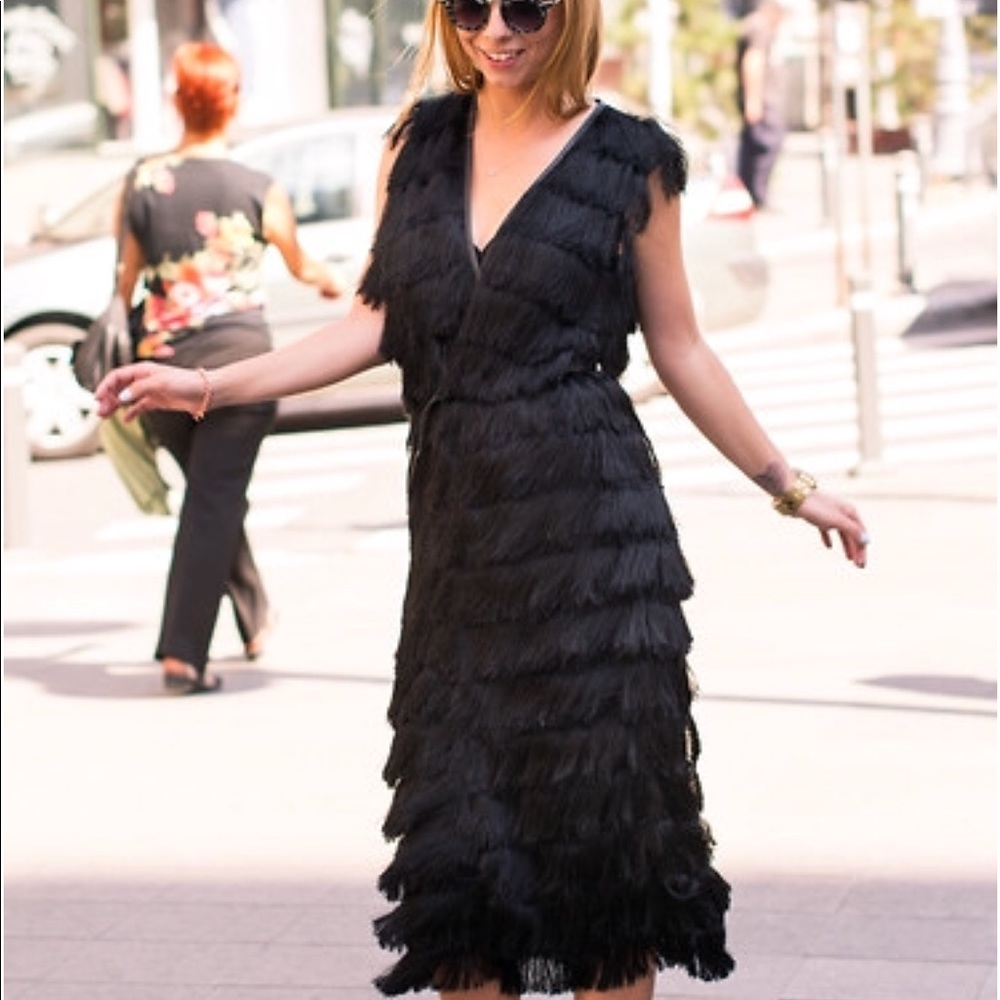 Fringe vest dress black tassels maxi midi length